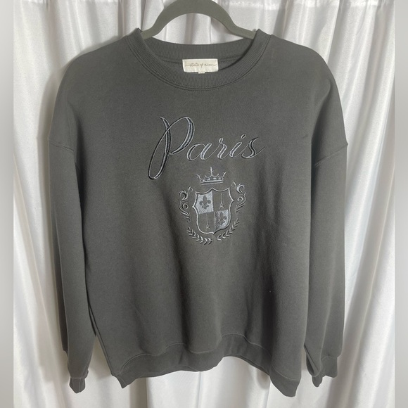 State Of Mine Women's Size M Paris Embroidered Gray Sweater Ribbed Casual - Picture 1 of 8
